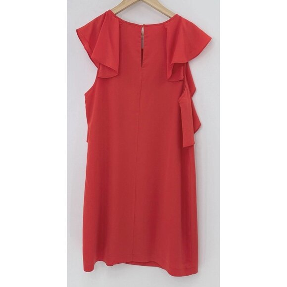 BCBGMAXAZRIA Red Orange Chiffon Flutter Sleeve Shift Dress Sz L Preppy Event - Picture 2 of 10